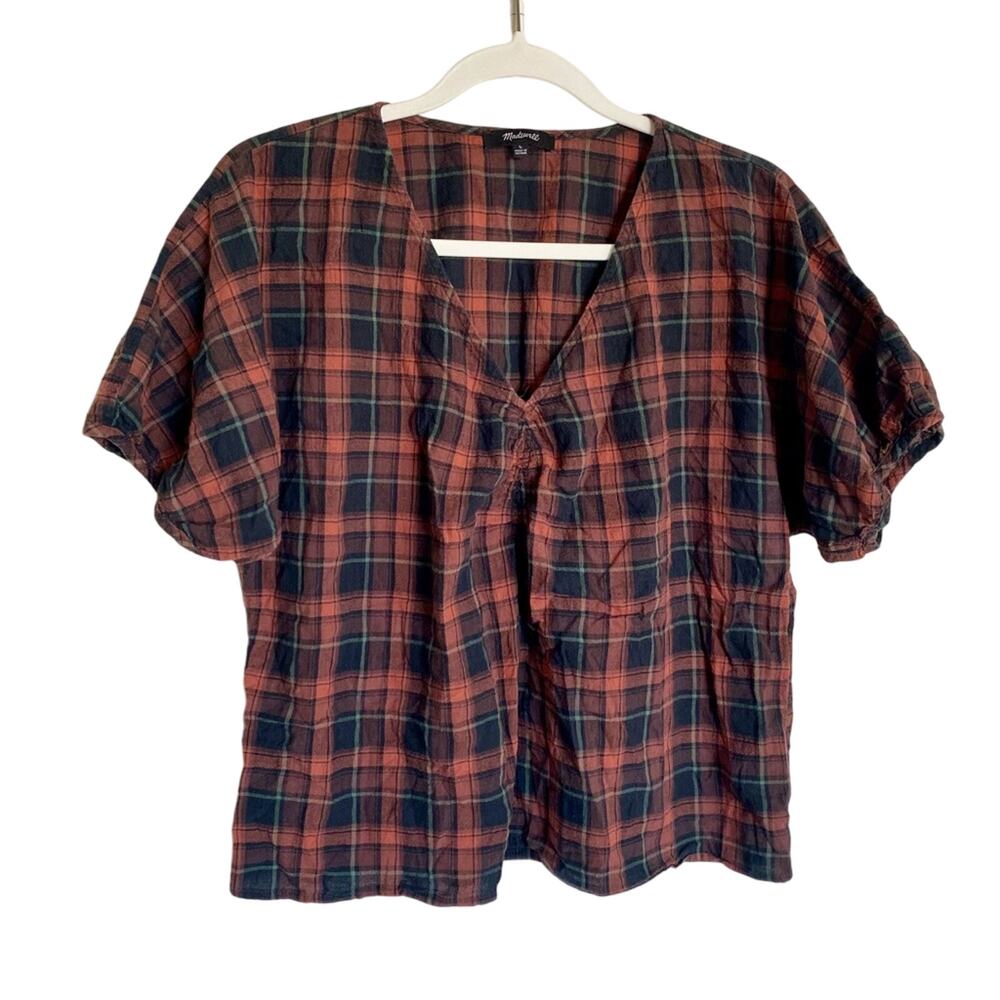Madewell V-Neck Plaid Gathered Prep Academia Slightly Shrunken Puff Sleeve Top